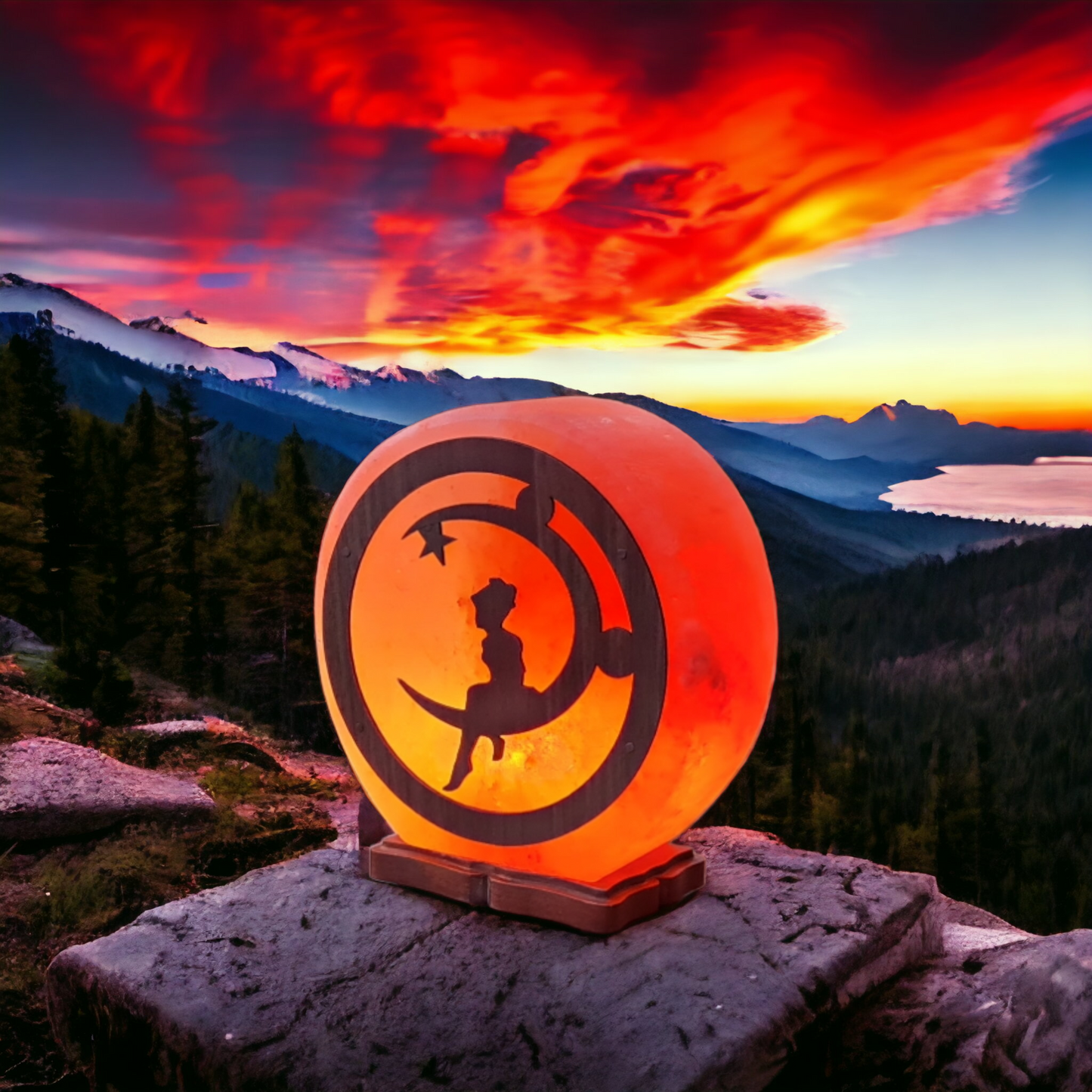 Lampe de sel rose de l'Himalaya 3D : La fée et la Lune (Taille L avec variateur de lumière)