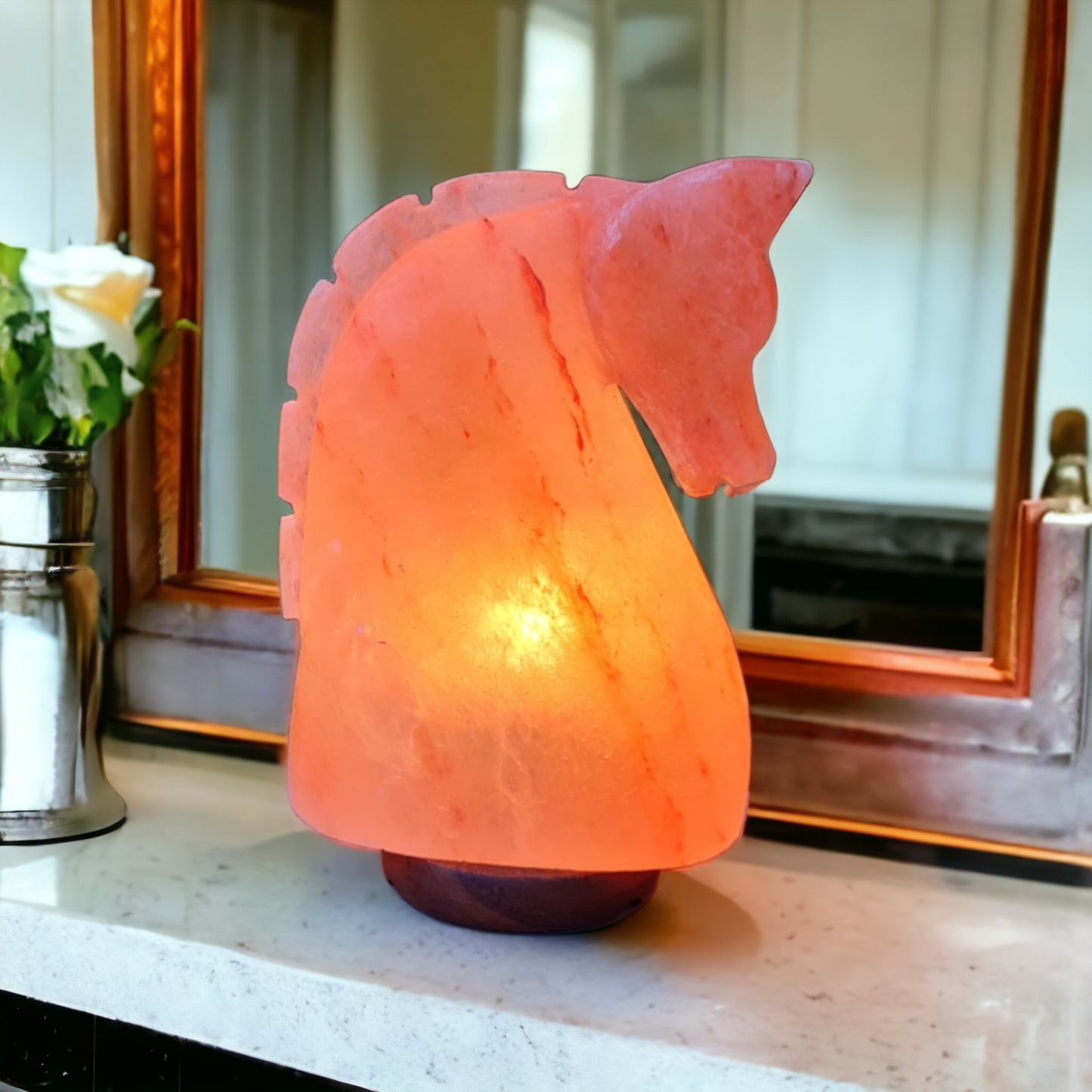 Lampe de sel rose de l'Himalaya : Cheval (Taille L avec variateur de lumière)