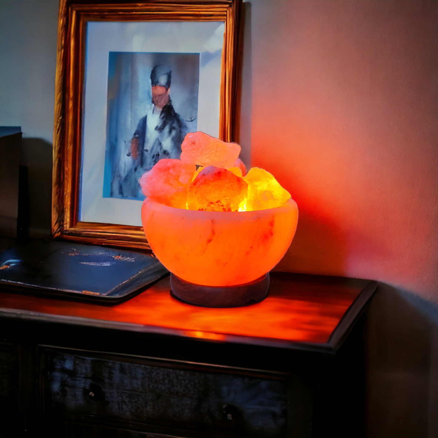 Lampe de sel rose de l'Himalaya : Bol de feu avec morceaux (Taille L avec variateur de lumière)