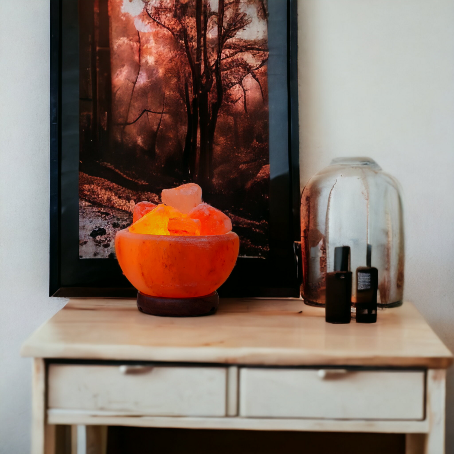 Lampe de sel rose de l'Himalaya : Bol de feu avec morceaux (Taille L avec variateur de lumière)