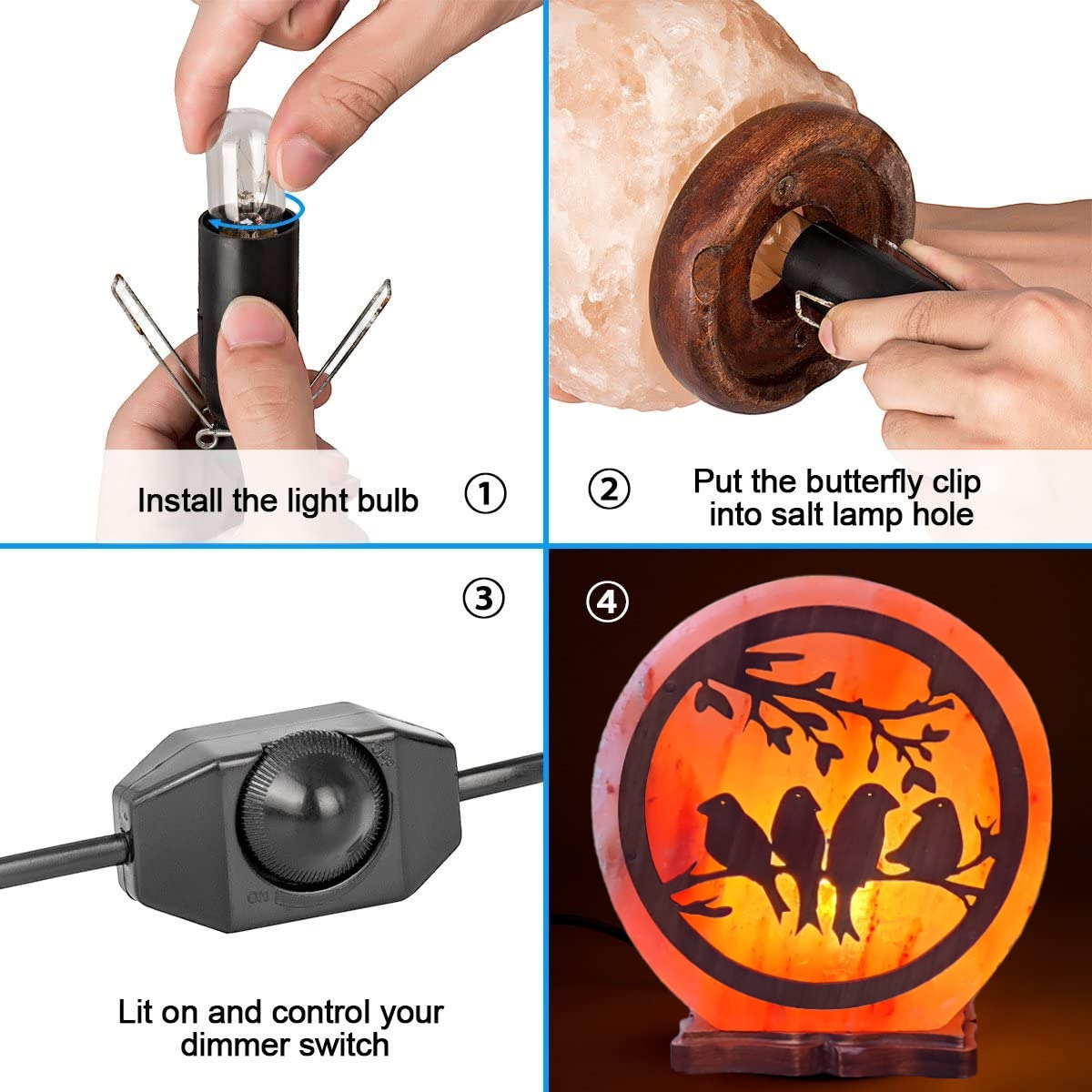 Lampe de sel rose de l'Himalaya 3D : Oiseaux (Taille L avec variateur de lumière)