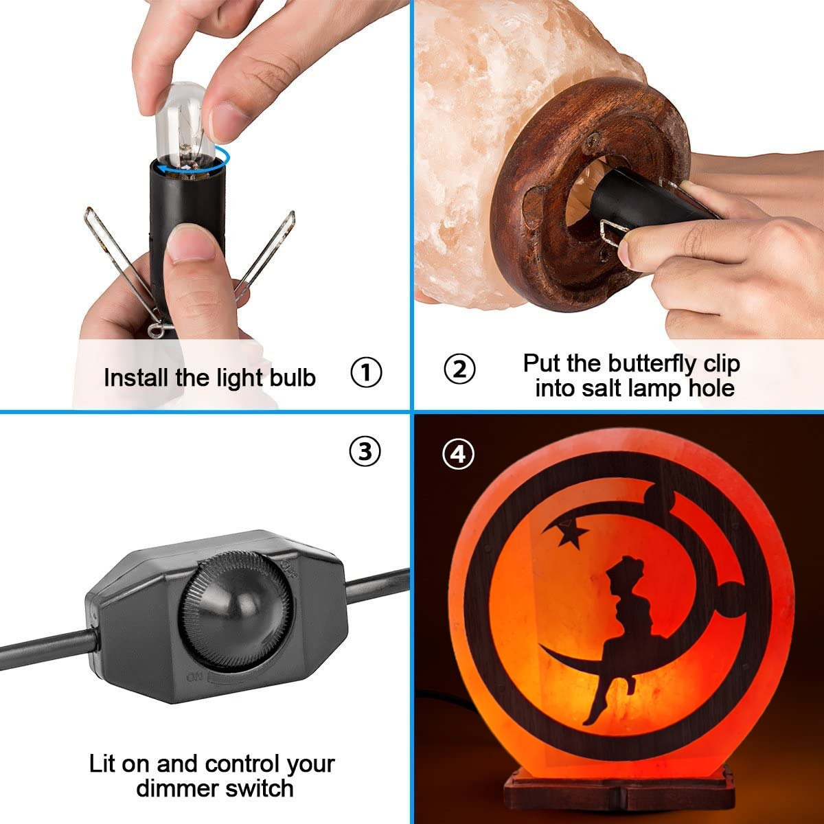 Lampe de sel rose de l'Himalaya 3D : La fée et la Lune (Taille L avec variateur de lumière)