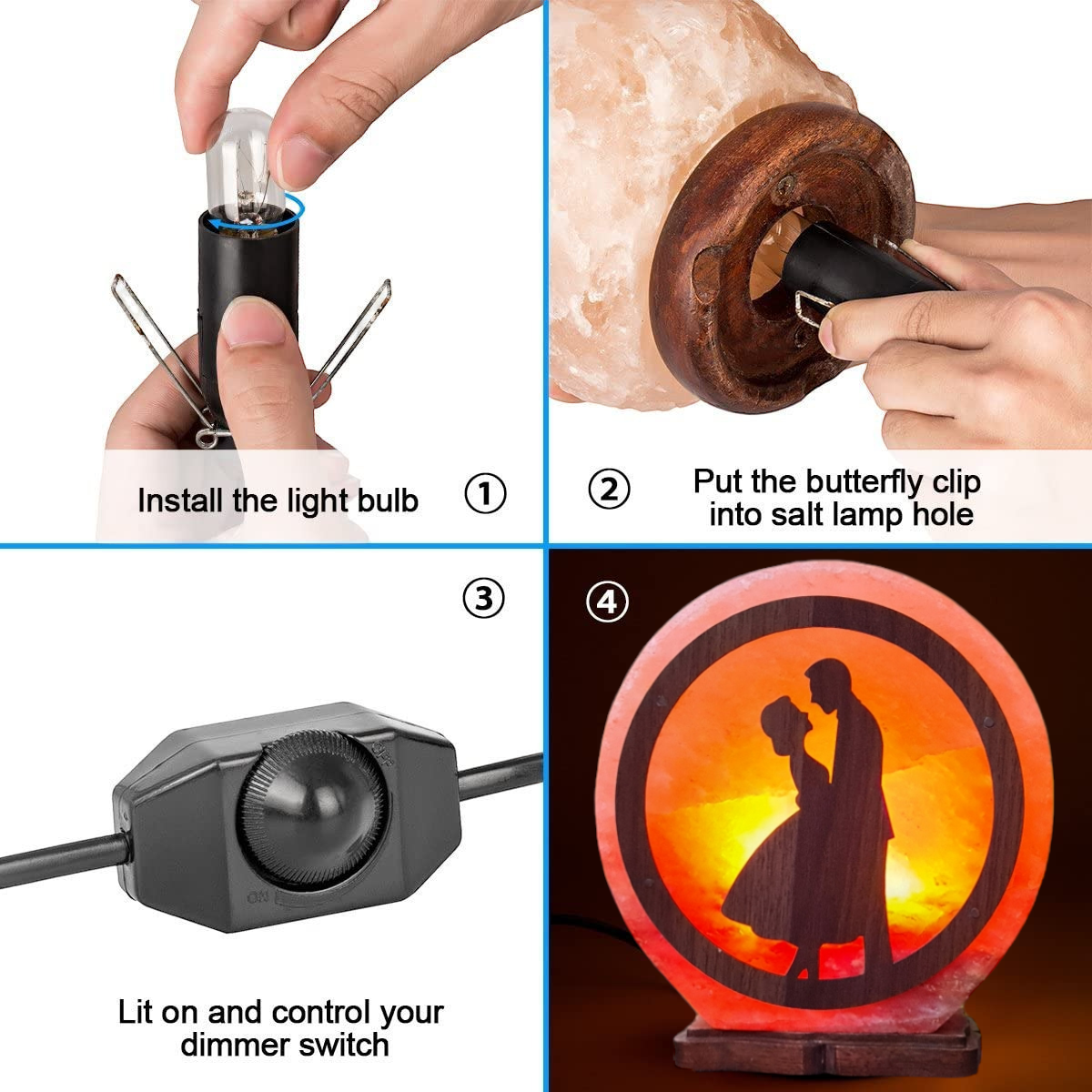 Lampe de sel rose de l'Himalaya 3D : Couple amoureux (Taille L avec variateur de lumière)